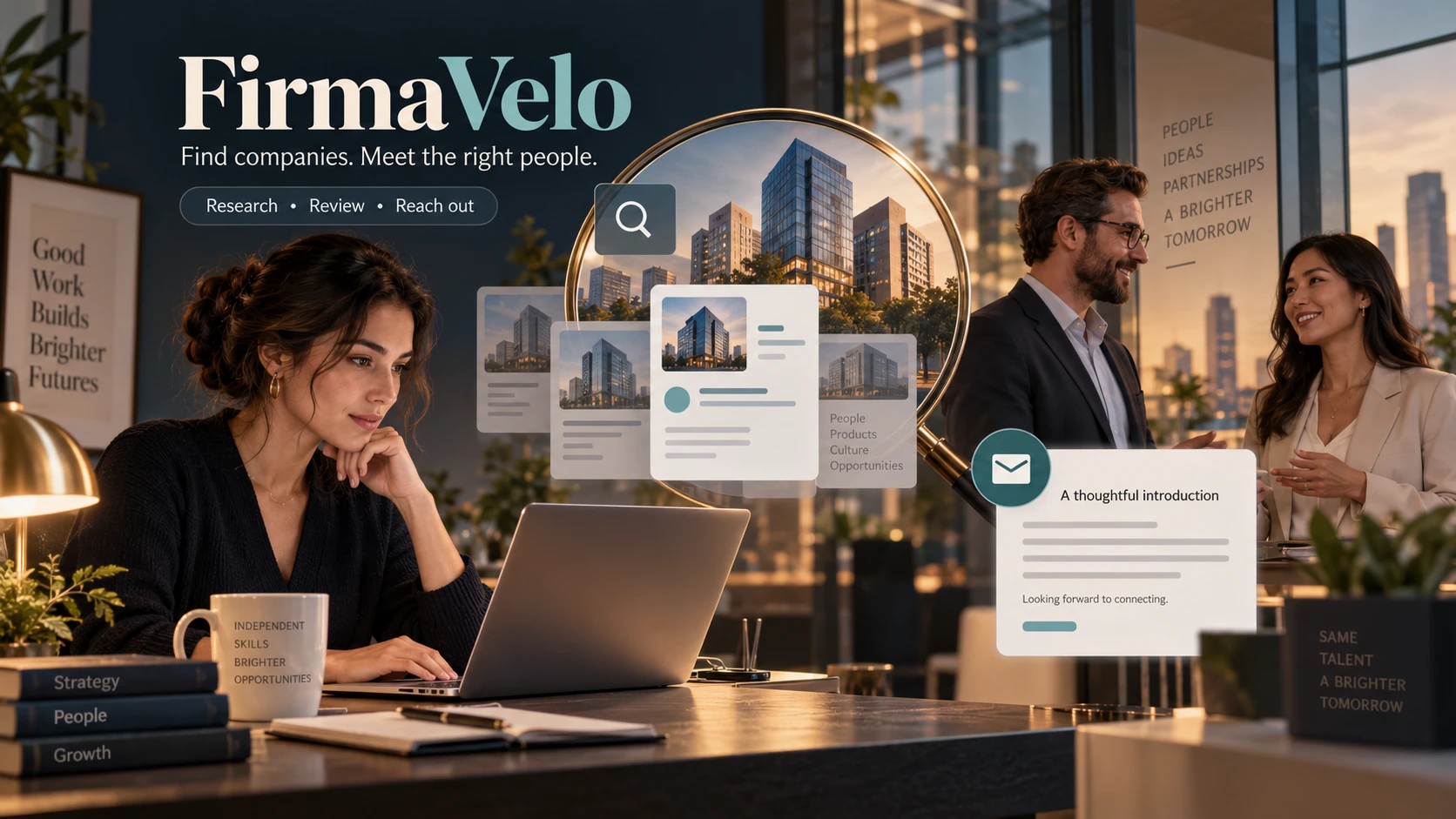 FirmaVelo-Konzeptbanner: Eine Freelancerin recherchiert Unternehmen und bereitet die Kontaktaufnahme mit Führungskräften vor