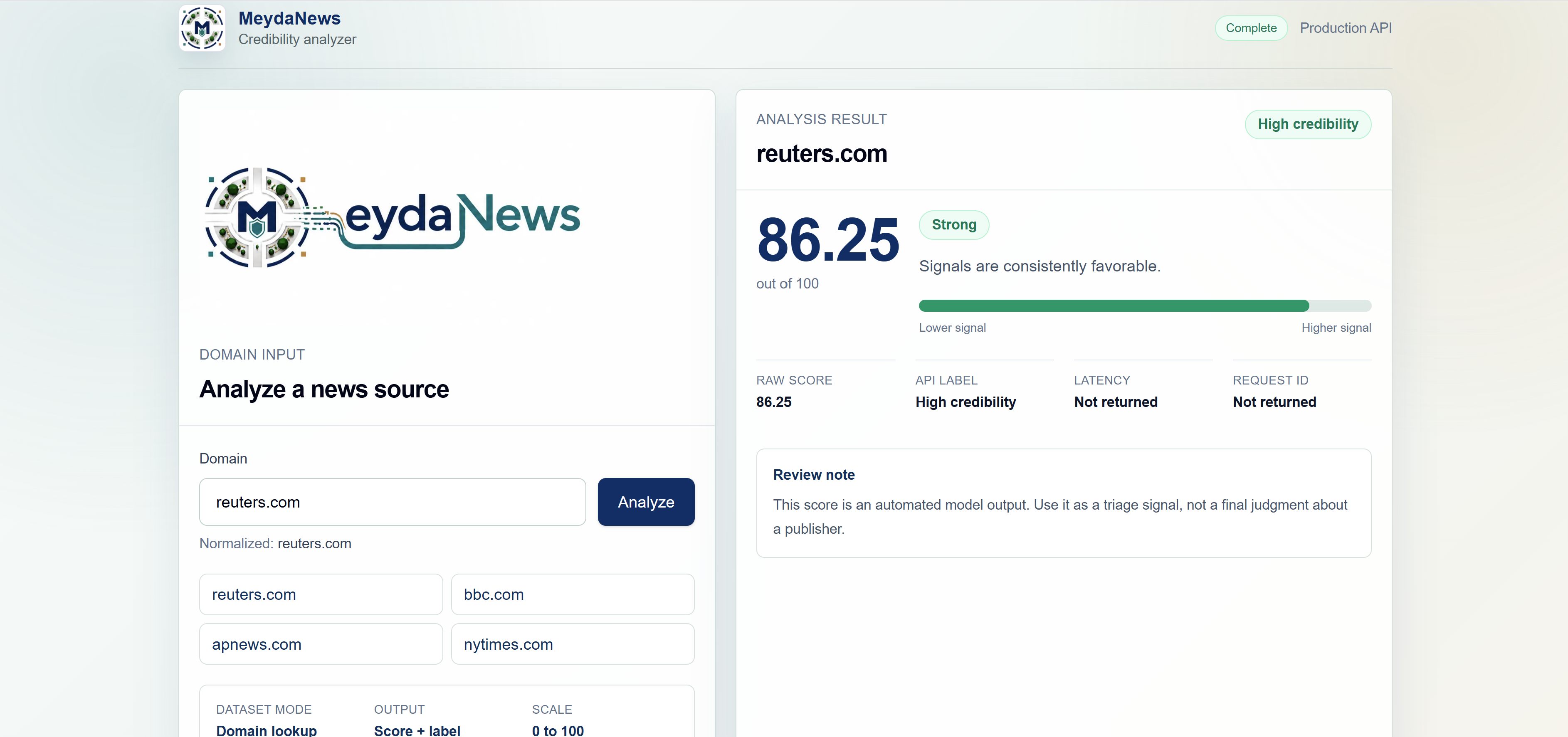 MeydaNews credibility analyzer interface