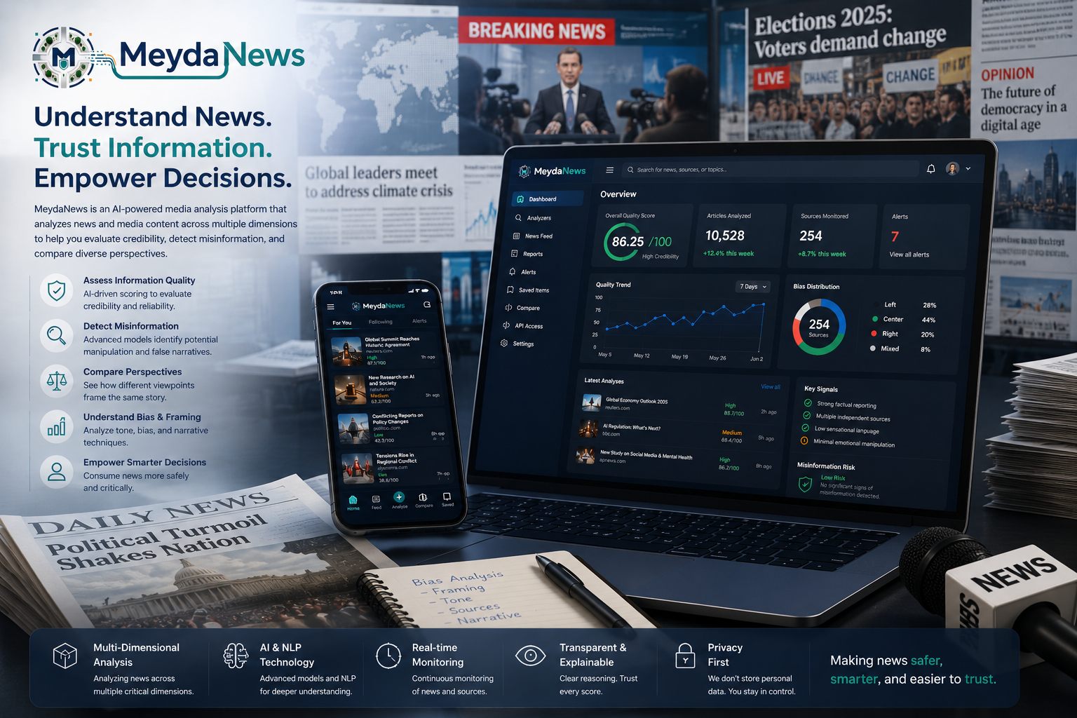 MeydaNews AI-powered media analysis platform shown across desktop and mobile