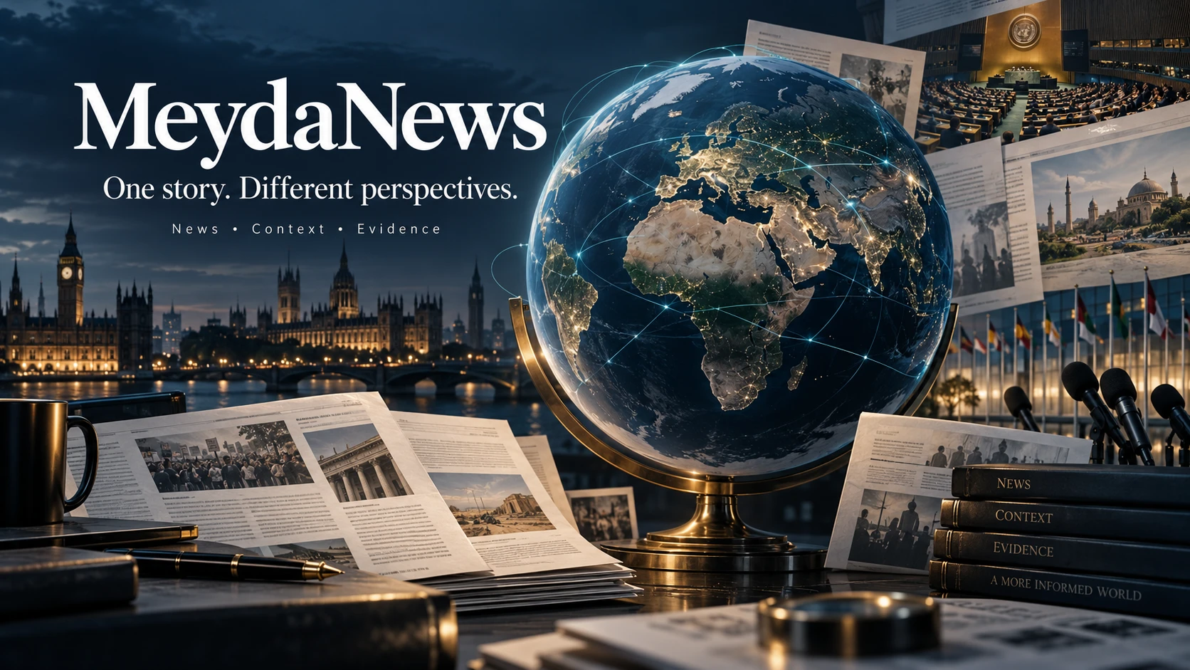 MeydaNews editorial illustration of world news, politics, and source analysis