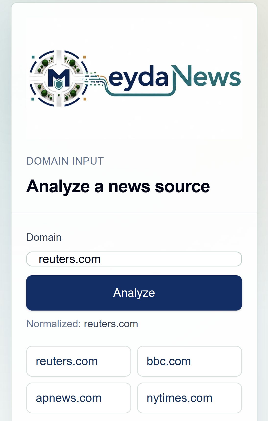 MeydaNews domain input screen for analyzing a news source