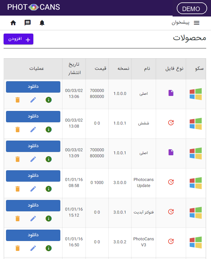 PhotoCans admin product management page with demo account