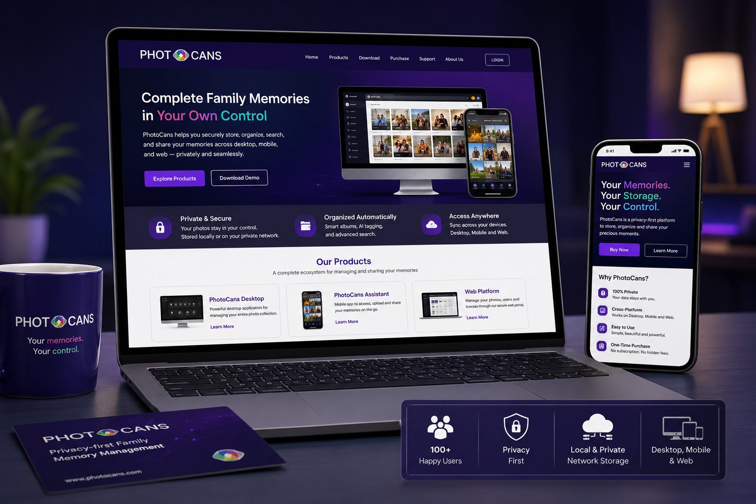 PhotoCans privacy-first family memory management web app shown across desktop and mobile